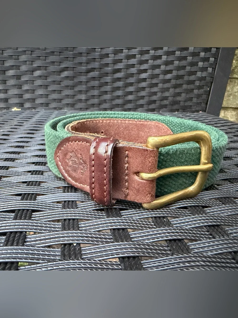 Vintage Rare Brooks Brothers Green Canvas Leather Belt Solid Brass Buckle 42”
